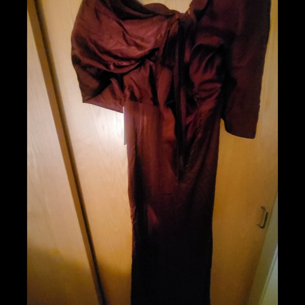This is a burgundy cowl neck off-the-shoulder formal gown - Picture 2 of 3